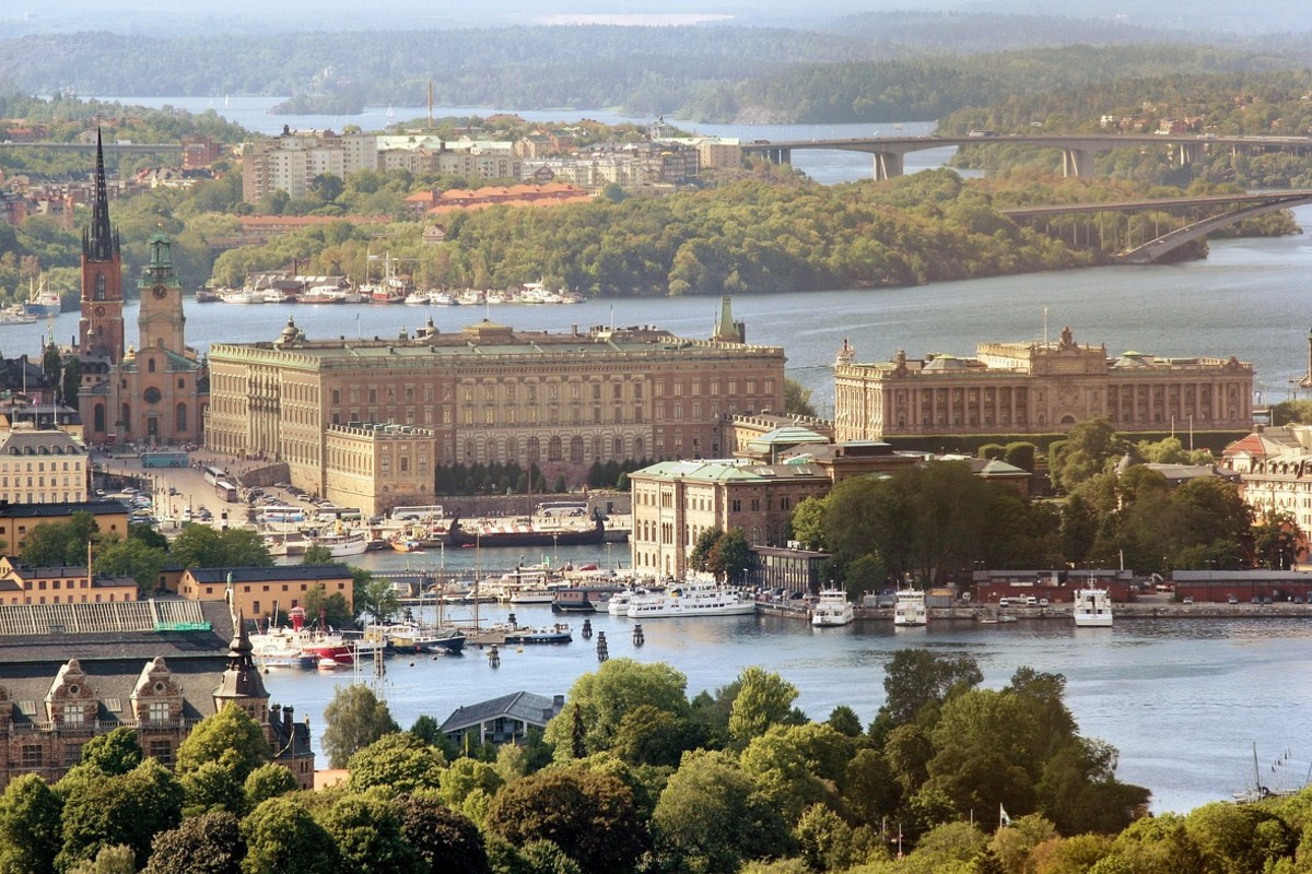 View of Stockholm Sweden including Rikstag parliament building and royal palace